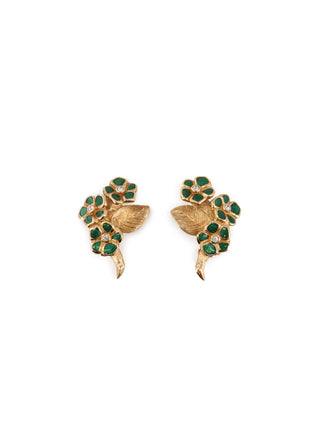 Brushed Leaf & Green Enamel Flower Clip-on Earrings