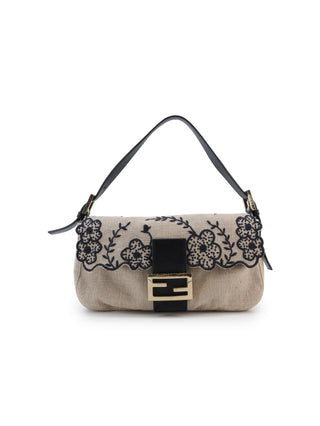 Floral Embroidered Linen Baguette Shoulder Bag