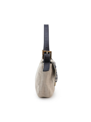 Floral Embroidered Linen Baguette Shoulder Bag