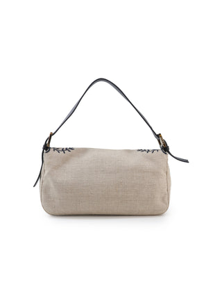 Floral Embroidered Linen Baguette Shoulder Bag
