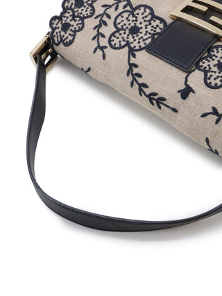 Floral Embroidered Linen Baguette Shoulder Bag