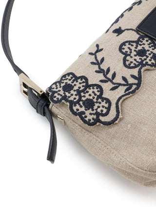 Floral Embroidered Linen Baguette Shoulder Bag