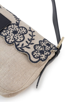 Floral Embroidered Linen Baguette Shoulder Bag
