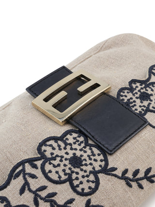 Floral Embroidered Linen Baguette Shoulder Bag