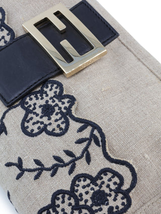 Floral Embroidered Linen Baguette Shoulder Bag