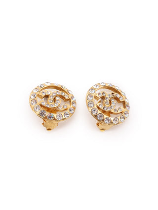 CC Logo Rhinestone Round Clip-On Earrings