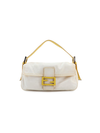 White Denim Baguette Handbag