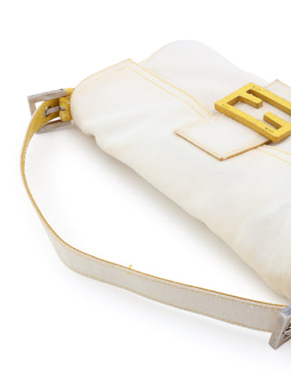White Denim Baguette Handbag